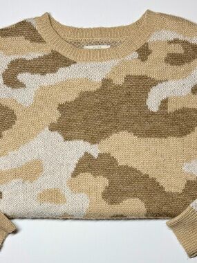 Lucky Brand Camo Knit Sweater Women’s M Brown Pullover Ribbed Hem & Cuffs